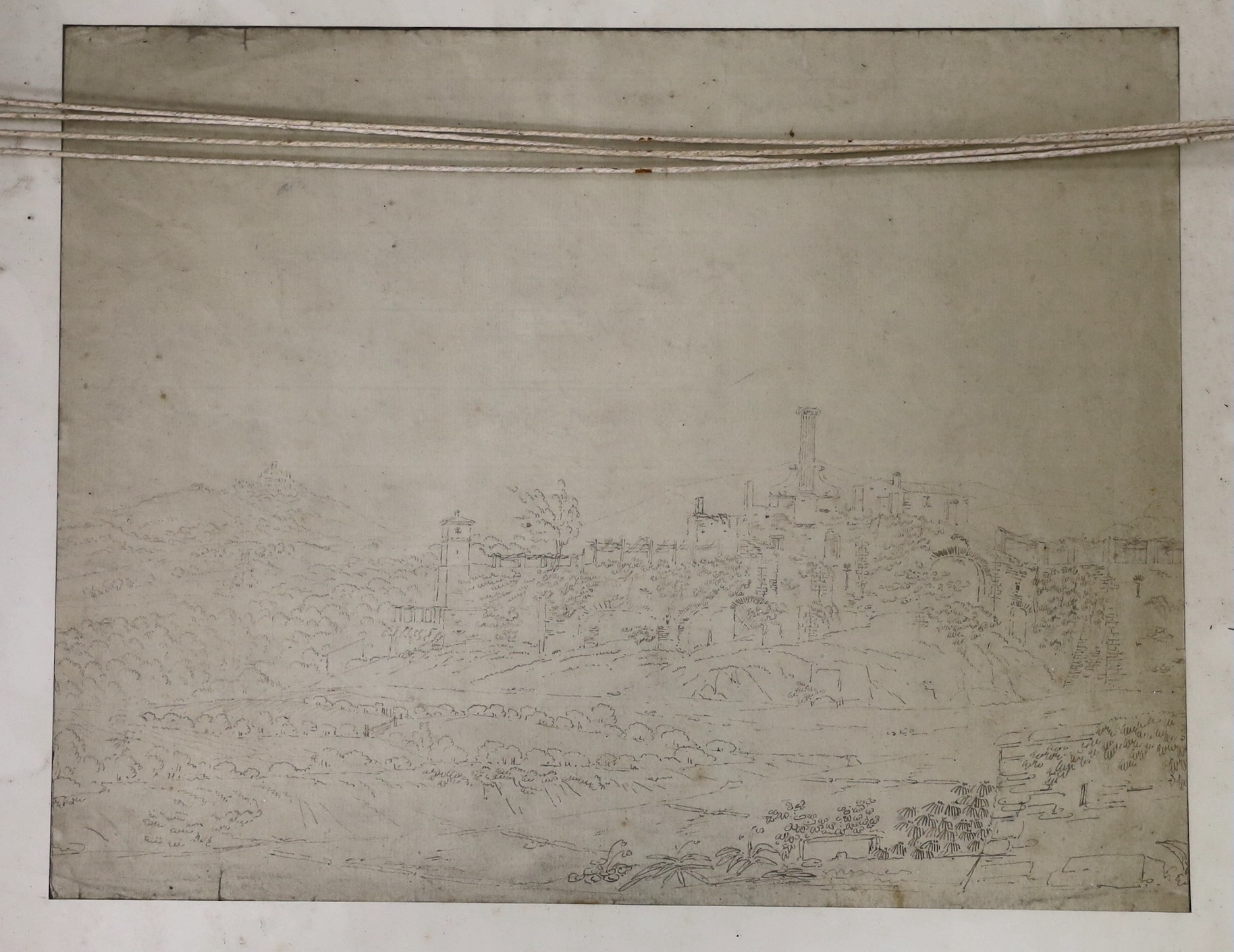 After Greuze, ink and monochrome watercolour, Maid with beggar woman at window, signed, a town scene verso, 30 x 38cm